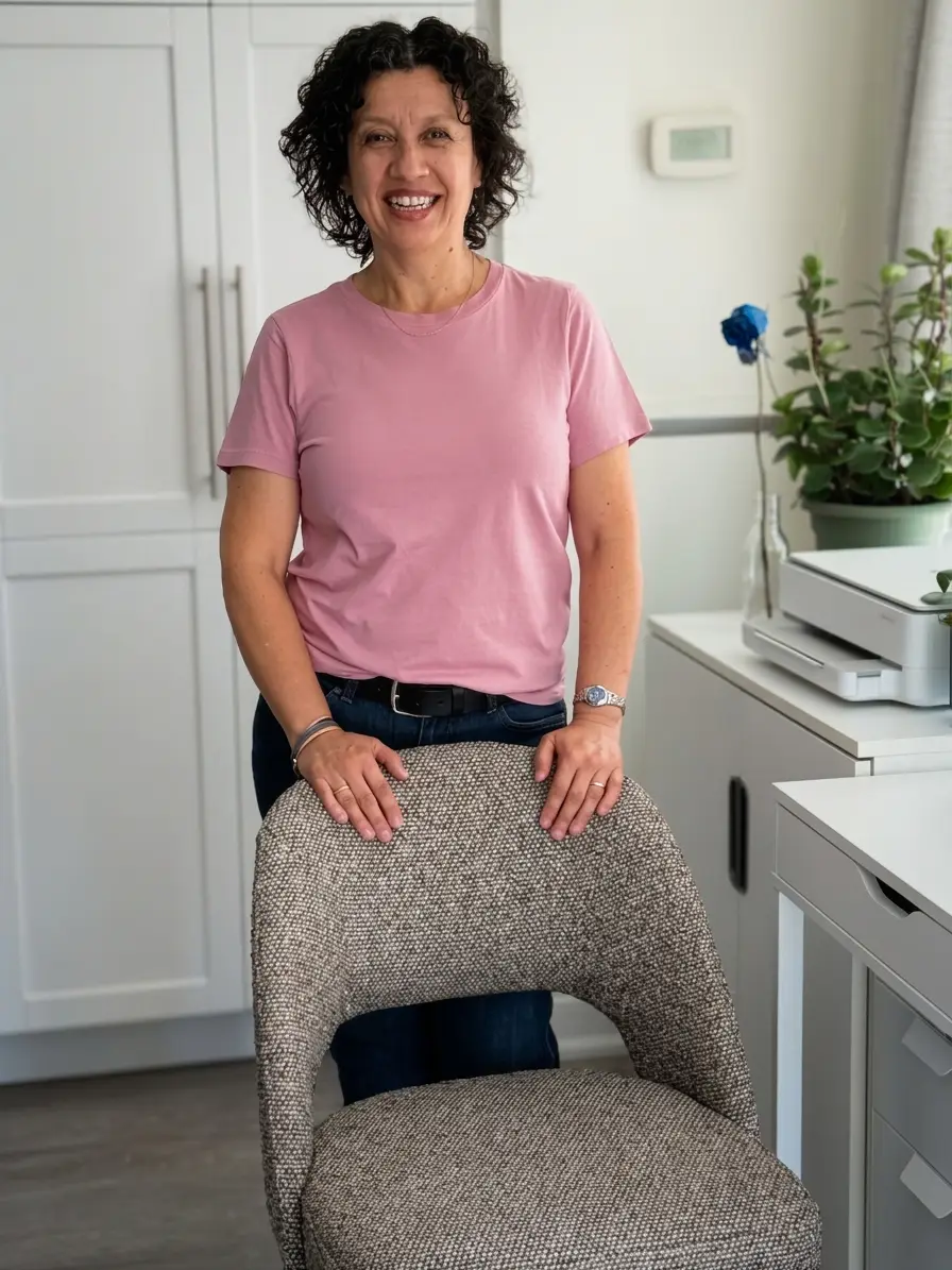 Diana standing behind an armchair in a bright room, hands resting on its back, smiling
