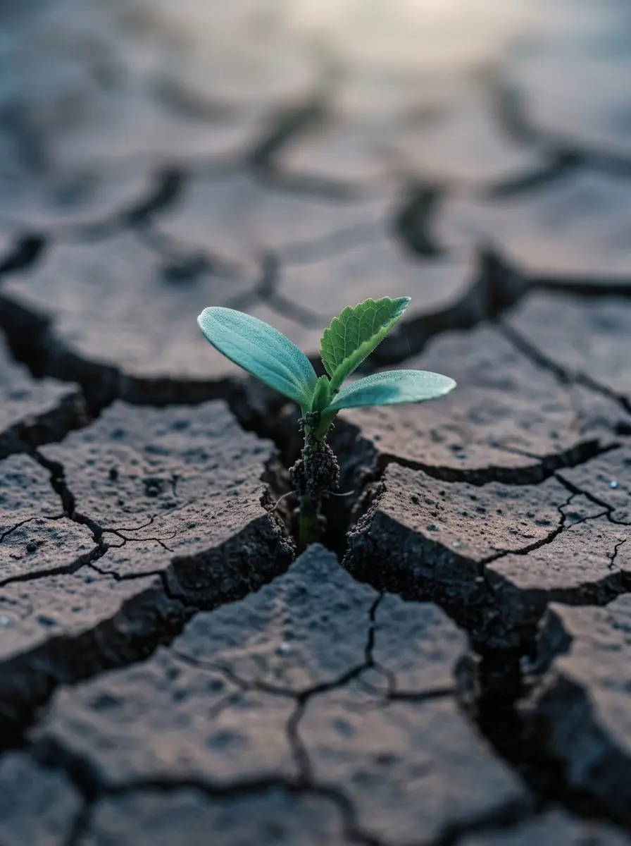 A green seedling pushing up through cracked, dry earth