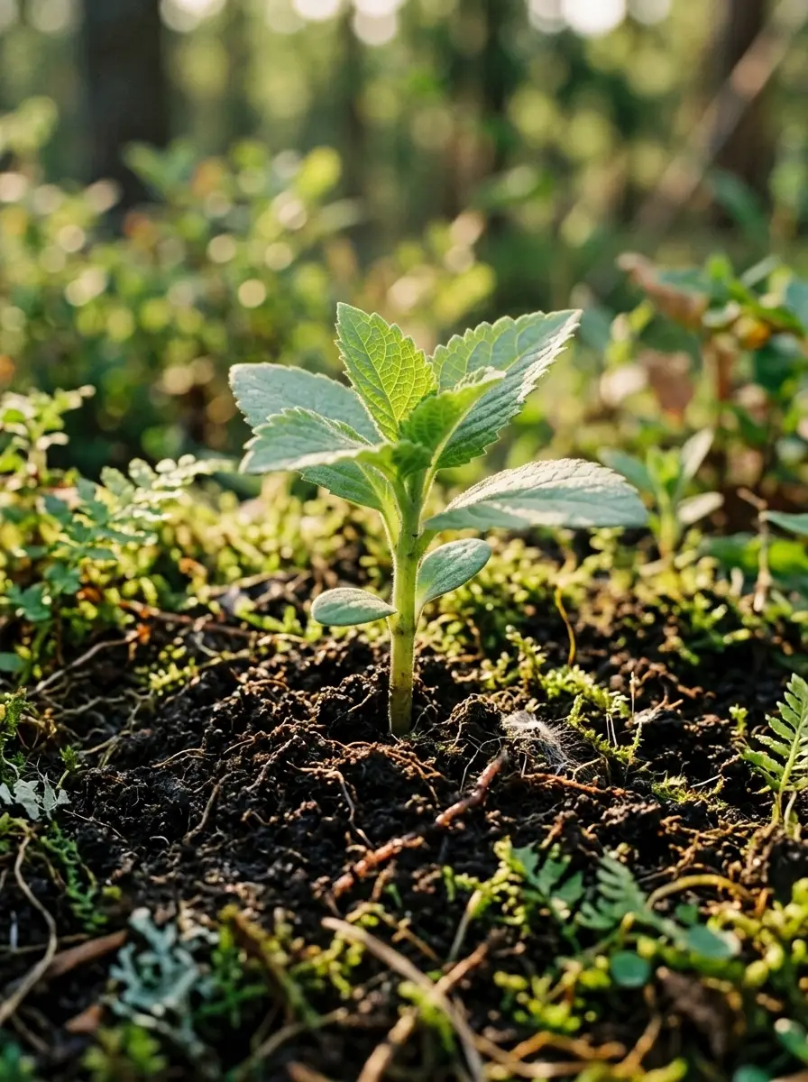 The same seedling rooted in dark soil, a sunlit garden behind it
